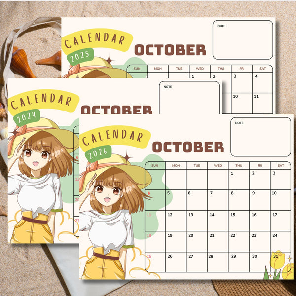 Cute anime October calendars 2024-2026 display