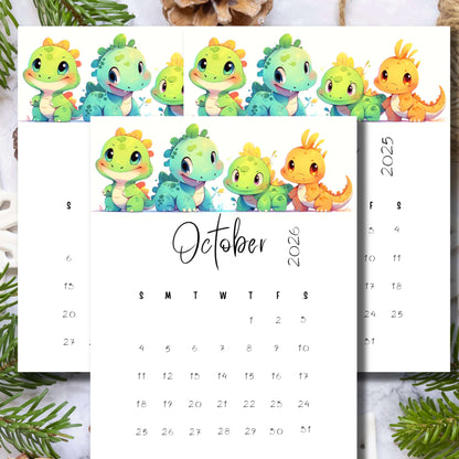 Three-year October calendar preview for 2024-2026 featuring adorable pastel dinosaur illustrations, displayed with pinecones and foliage, highlighting the vertical 11 x 8.5-inch layout.