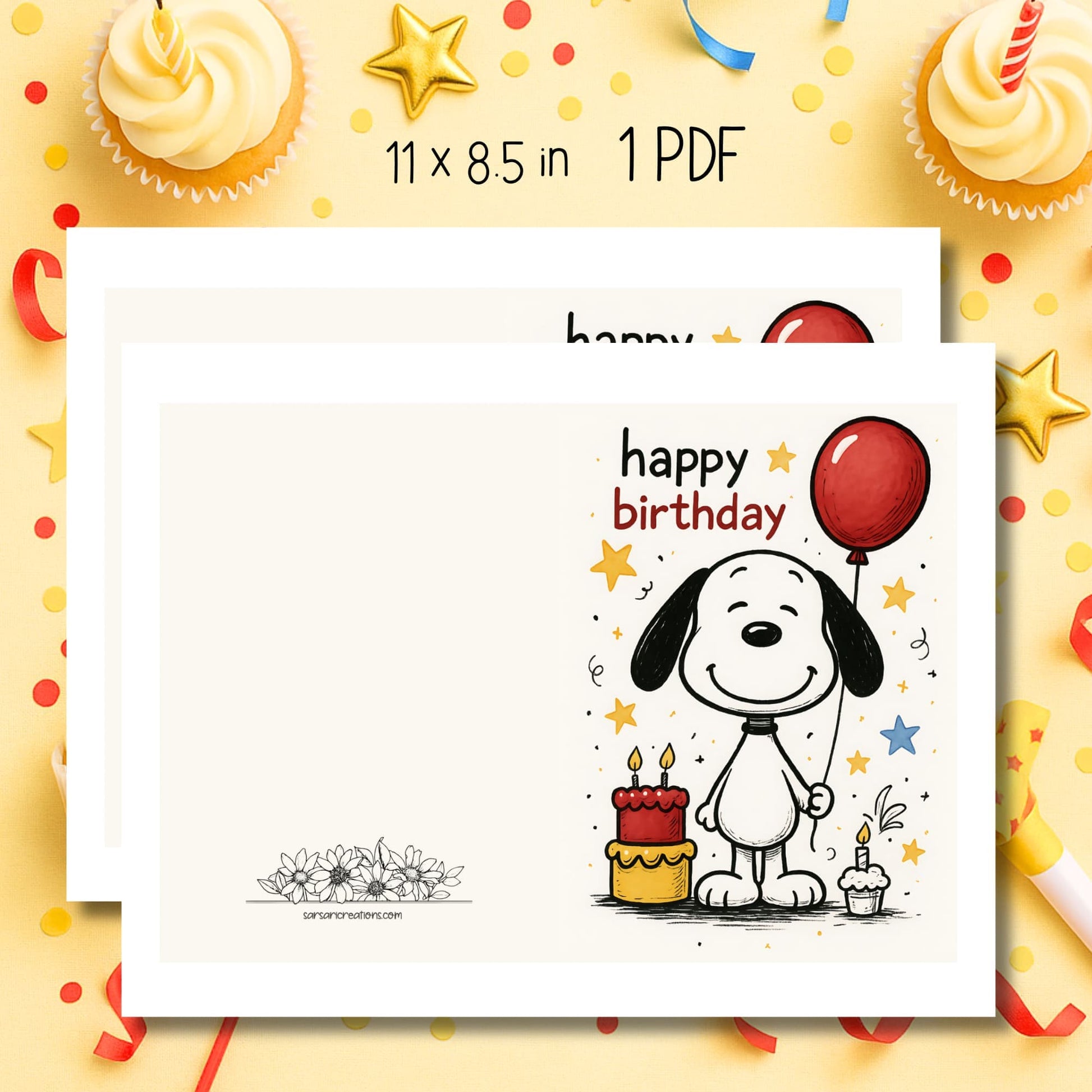 Happy birthday dog card with red balloon and birthday cake surrounded by vanilla cupcakes and gold stars.