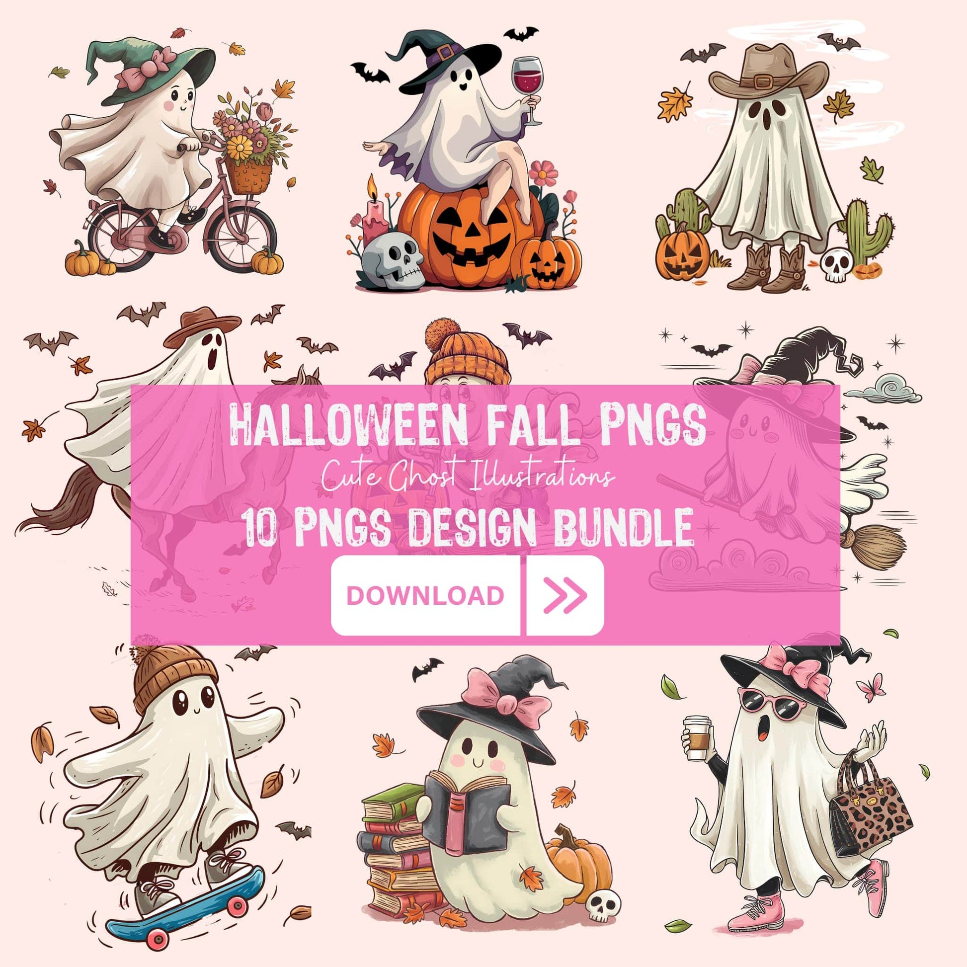 Collection of 10 whimsical ghost illustrations featuring various autumn activities - biking with flowers, wine tasting, cowboy style, skateboarding, reading, and fashion-forward ghost with accessories