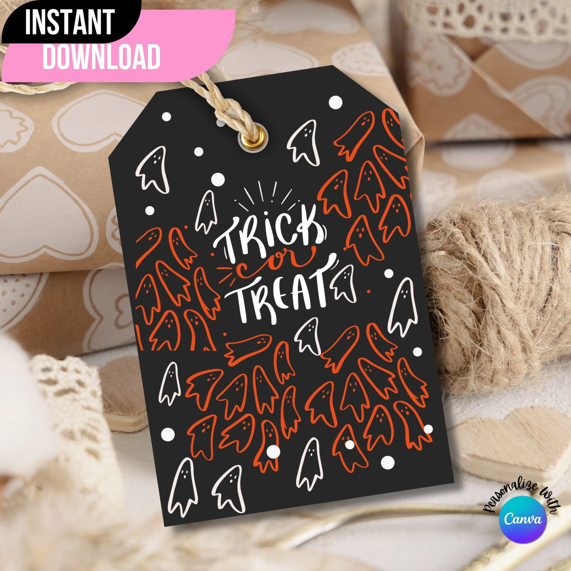 Cute Halloween printable tag showcased on a brown gift box.