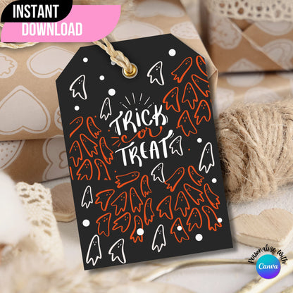 Cute Halloween printable tag showcased on a brown gift box.