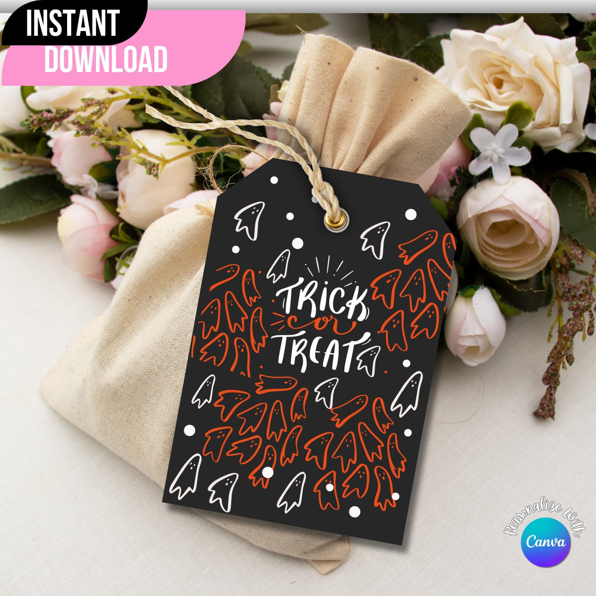 Cute Halloween printable tag displayed on a gift bag with flowers on the side.
