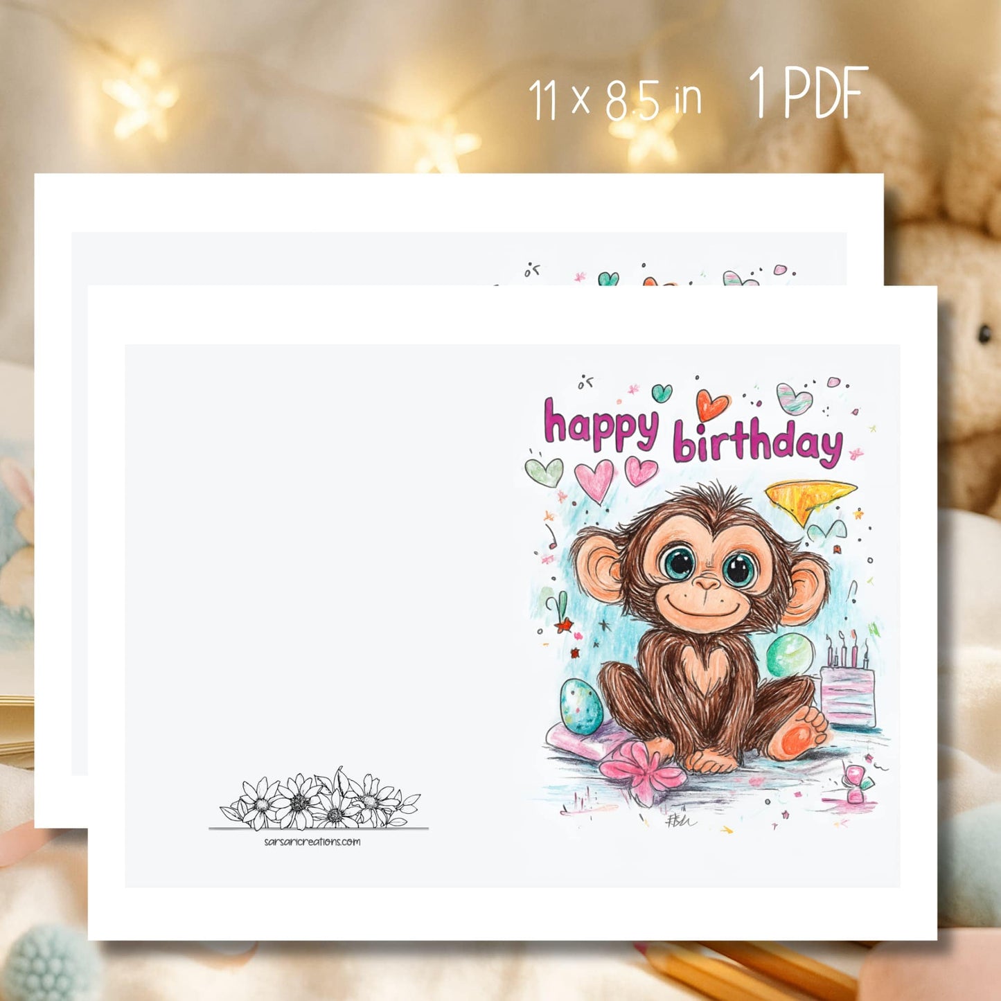 Cute cartoon monkey birthday card printable with colorful hearts and party decorations on white background