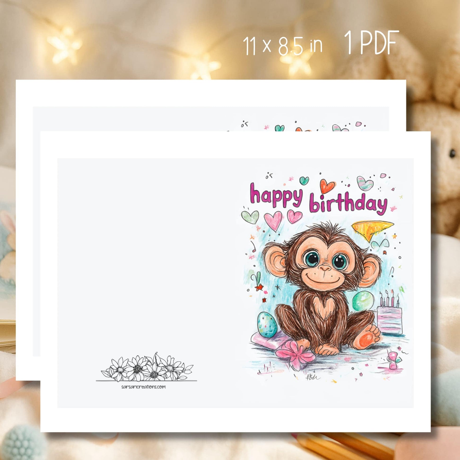 Cute cartoon monkey birthday card printable with colorful hearts and party decorations on white background