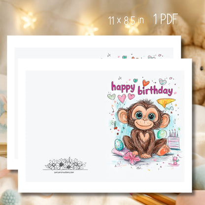 Cute cartoon monkey birthday card printable with colorful hearts and party decorations on white background