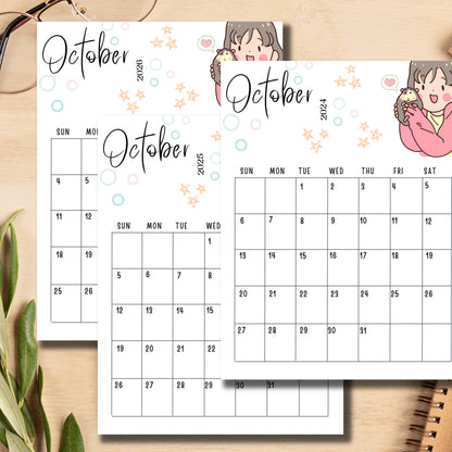 Desktop scene with October 2024-2026 kawaii calendar pages featuring chibi girl and hedgehog, displayed with glasses, plant, and notebook.