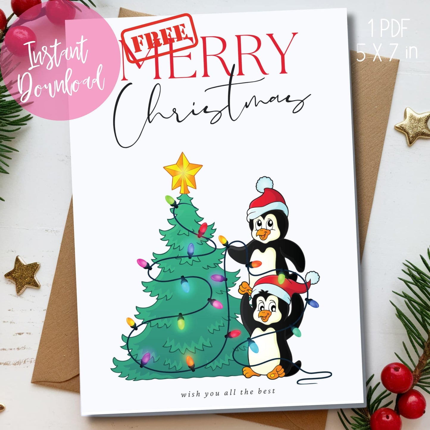 Holiday card with two cartoon penguins in Santa hats stringing lights on Christmas tree, mixed modern calligraphy in red and black, shown with kraft envelope and festive greenery