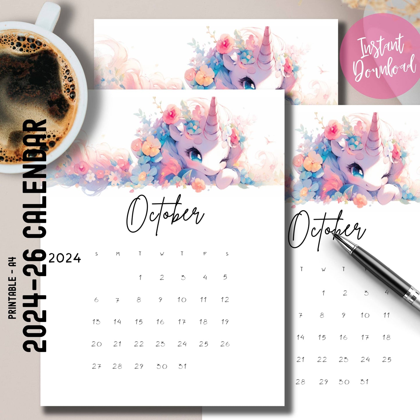 Set of printable October 2024-2026 calendars with enchanting unicorn artwork, shown with coffee cup and pen, highlighting the free PDF download for easy school planning.