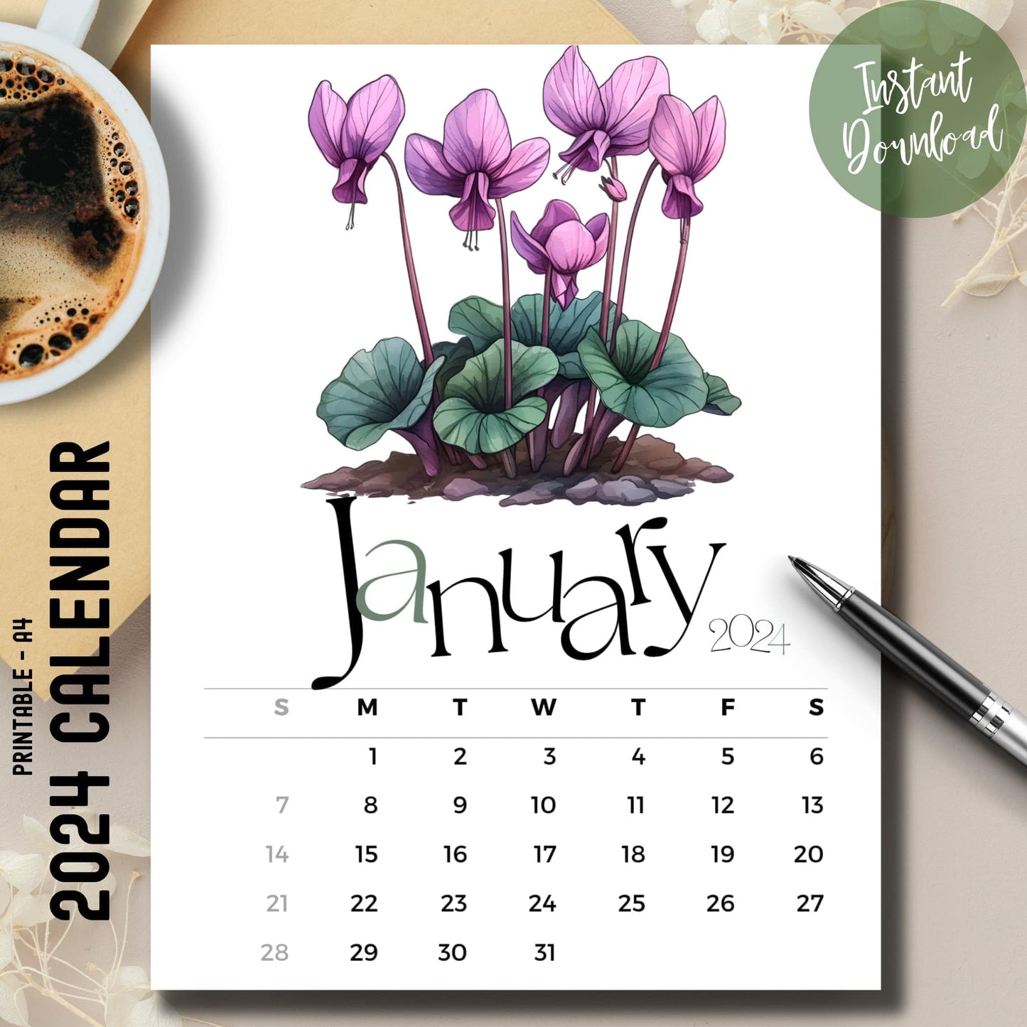 Free Cyclamen Charm January 2024-25 calendar on brown desk with coffee cup and pen.