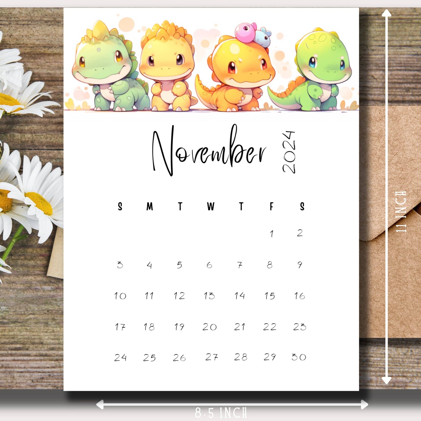 A4 size November calendar with measurement indicators, featuring four kawaii dinosaur characters, decorated with daisies on rustic wooden background