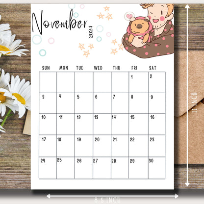 Pink and White Cute Anime Illustrated Modern Free November Monthly Calendar for 2024, 2025 & 2026 Printable - 11 x 8.5-inch A4, PDF | Sunday Start | Vertical Layout for School, Work, Journals