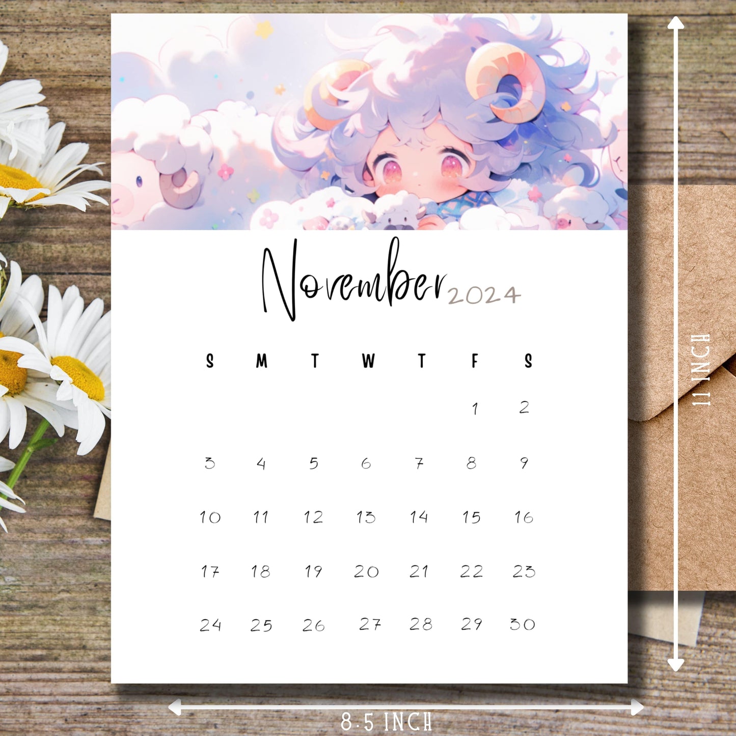 A4 size November calendar with measurement indicators, featuring ethereal anime art in pastel colors, decorated with daisies on rustic background