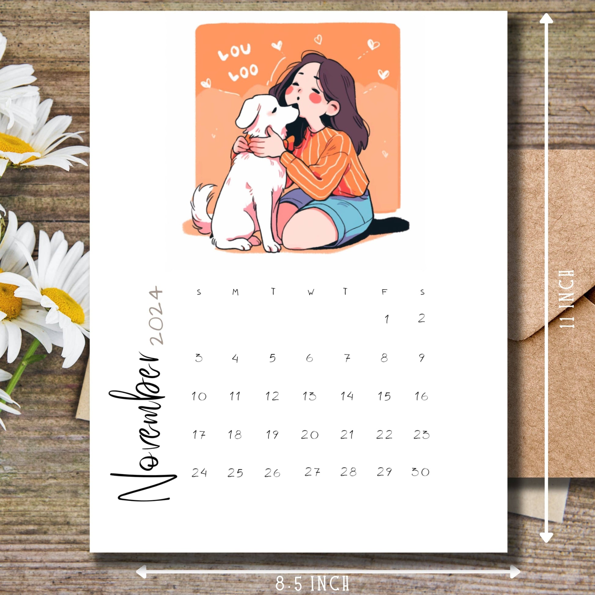 A4 size November calendar with measurement indicators, featuring girl and dog in orange theme, decorated with daisies on rustic wood