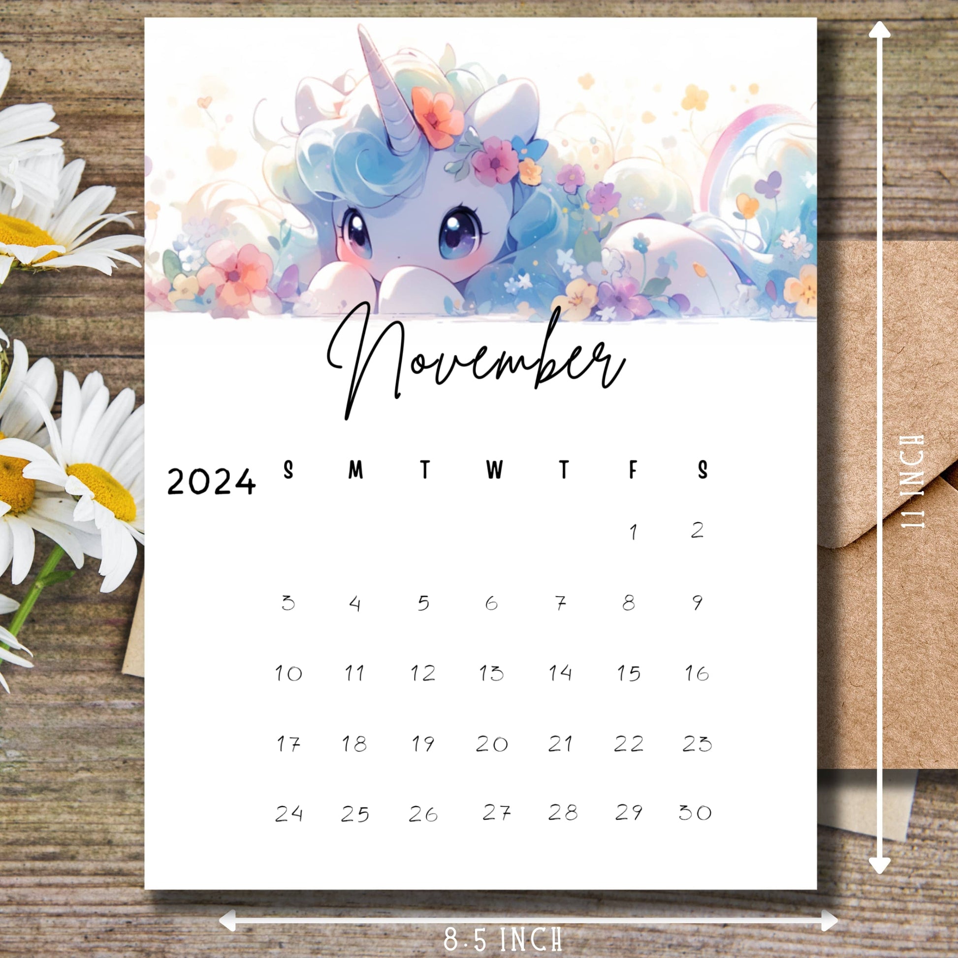 A4 size November calendar with measurement indicators, featuring magical unicorn and watercolor flowers, decorated with daisies on rustic wood