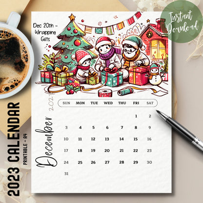 December 2023 Free Printable Calendar on table with coffee and pen, capturing the essence of organized holiday planning.