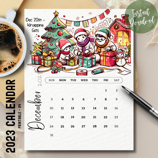 December 2023 Free Printable Calendar on table with coffee and pen, capturing the essence of organized holiday planning.