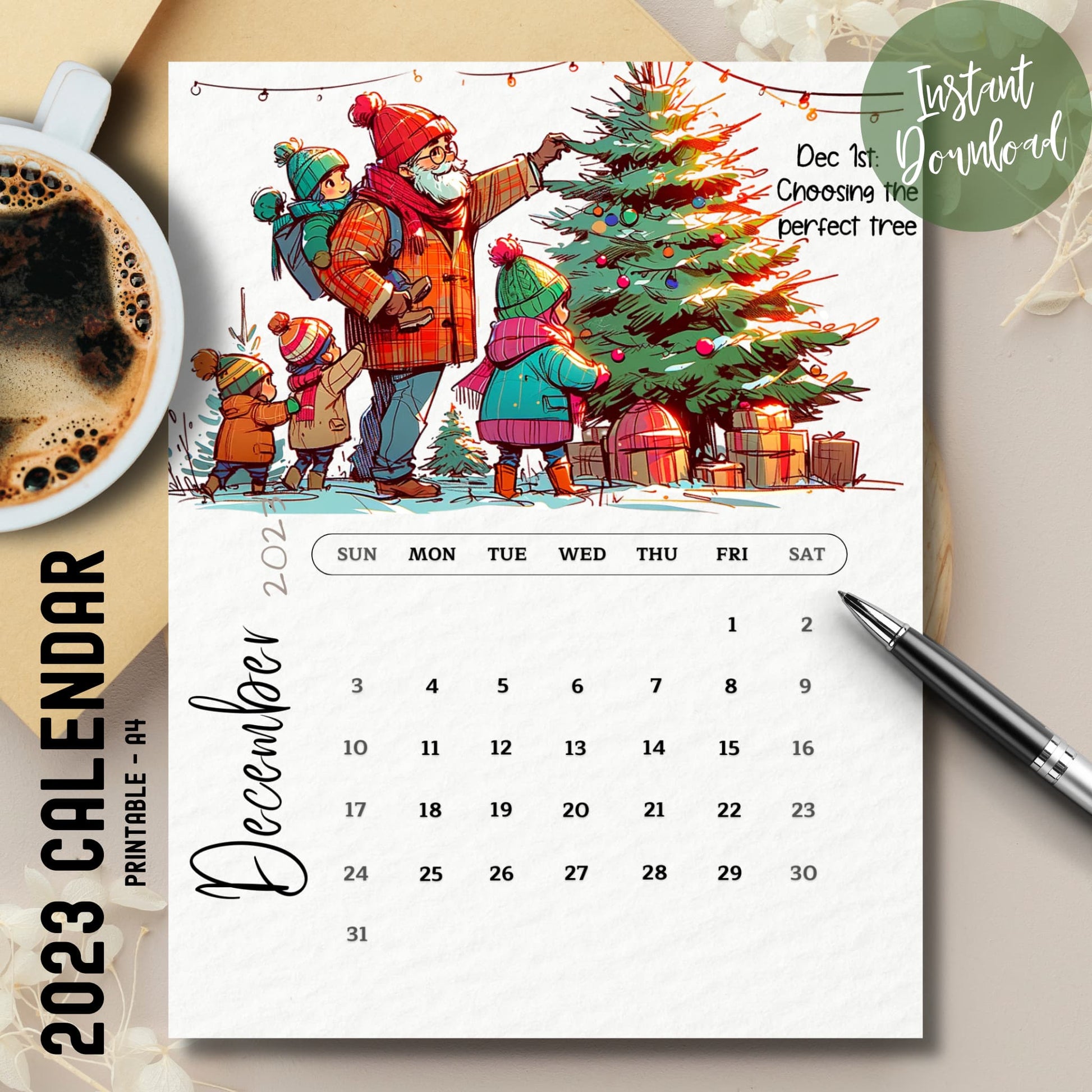 Printed December 2023 Calendar by Sarsari Creations, displayed with a coffee cup and pen on a cozy table setting.