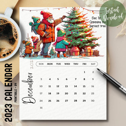 Printed December 2023 Calendar by Sarsari Creations, displayed with a coffee cup and pen on a cozy table setting.