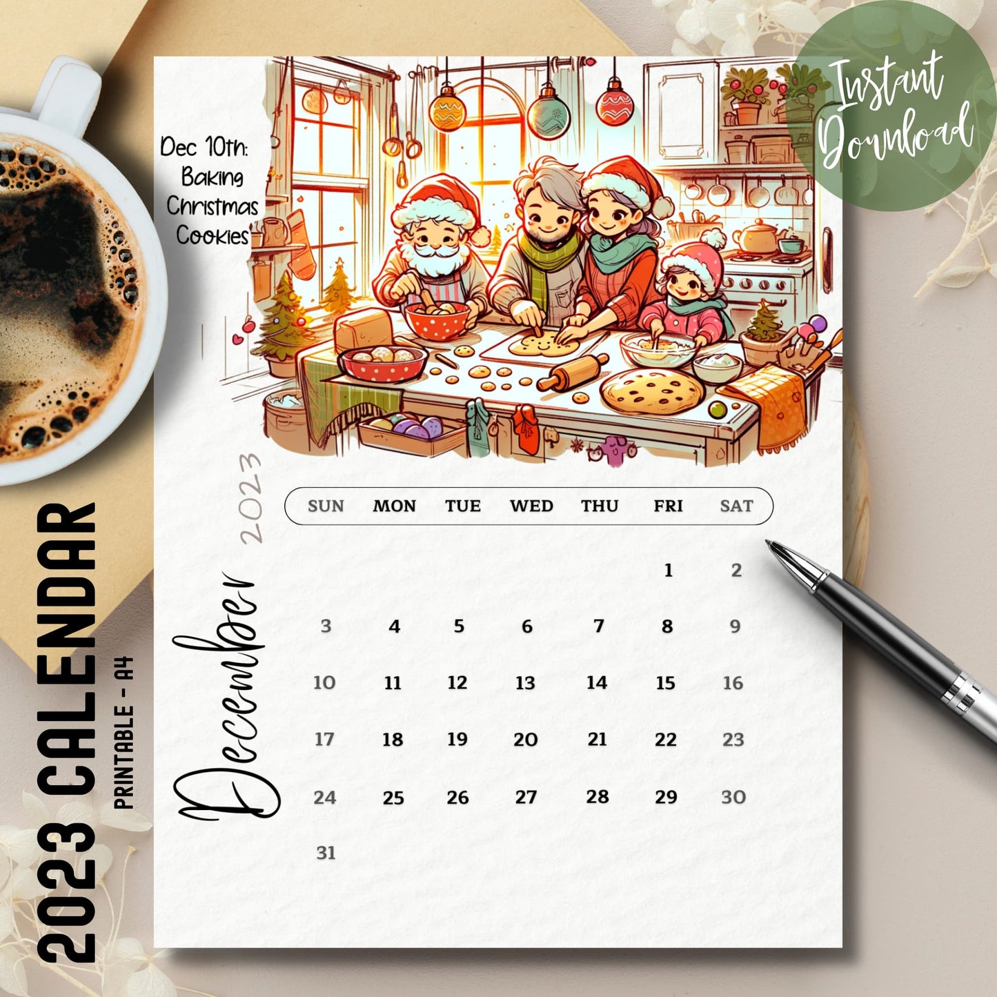 Featured image of the December 2023 Printable Calendar on a table with a coffee cup and pen, showcasing a cozy planning setup.