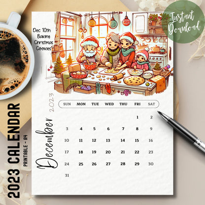 Featured image of the December 2023 Printable Calendar on a table with a coffee cup and pen, showcasing a cozy planning setup.