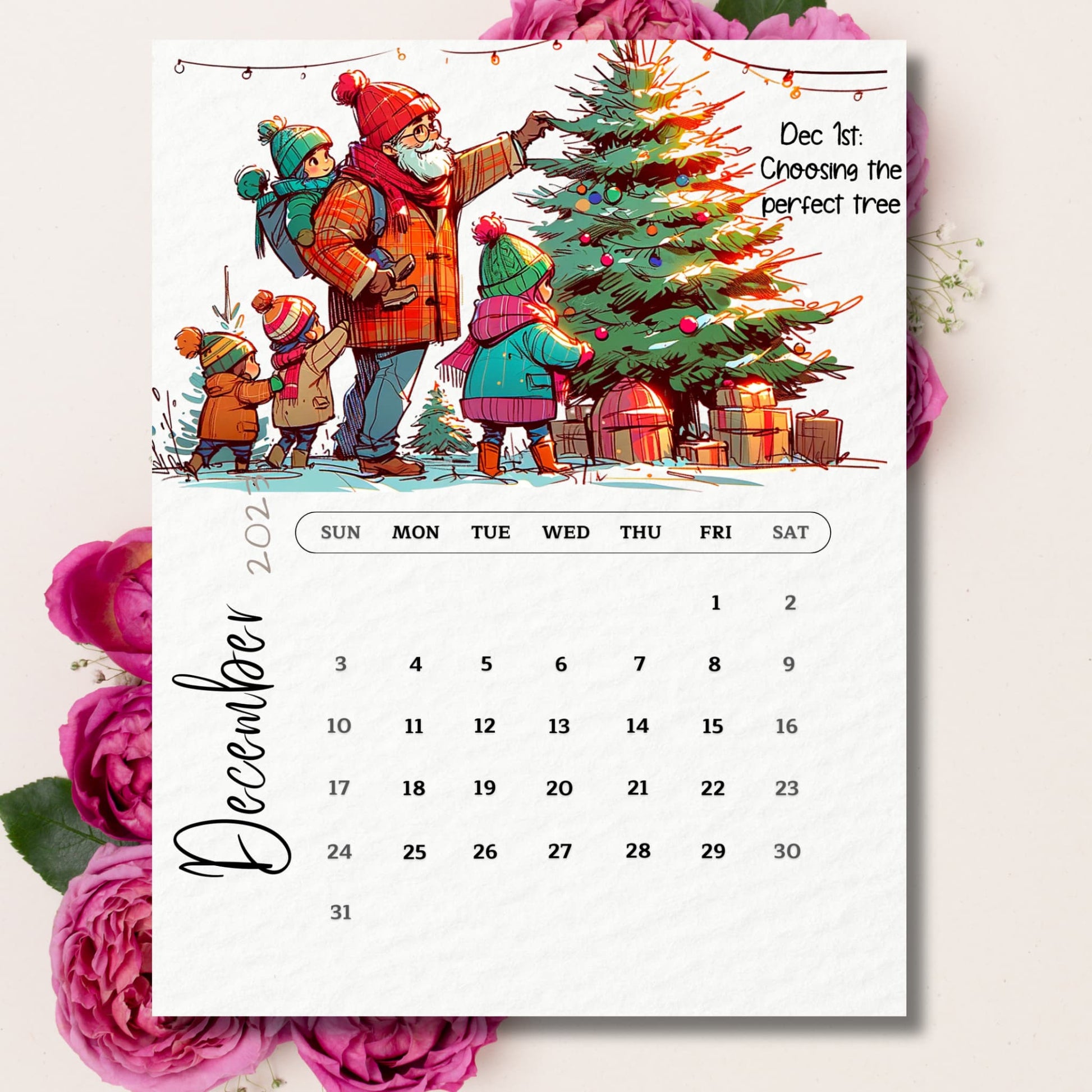 Sarsari Creations' December 2023 Calendar printout, adorned with beautiful pink flowers, adding a touch of elegance.