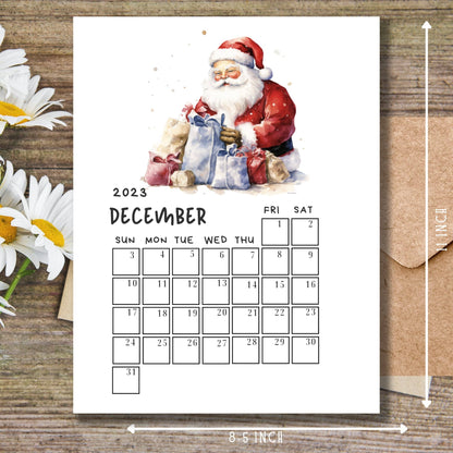 Sarsari Creations’ December 2023 calendar displayed on a wooden table with a handy size guide, showcasing practicality and an easy planning format in a rustic setting.