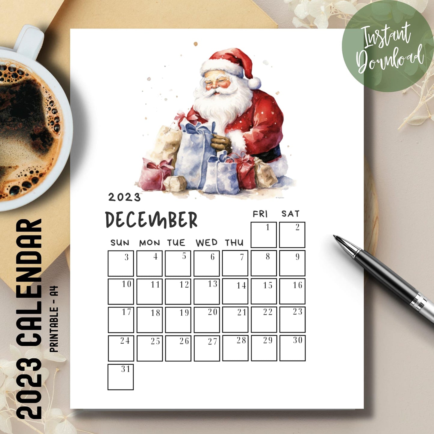 Featured image of the December 2023 printable calendar by Sarsari Creations, neatly placed on a table with a coffee cup and pen, highlighting organized planning and cozy aesthetics.