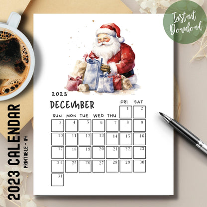 Featured image of the December 2023 printable calendar by Sarsari Creations, neatly placed on a table with a coffee cup and pen, highlighting organized planning and cozy aesthetics.