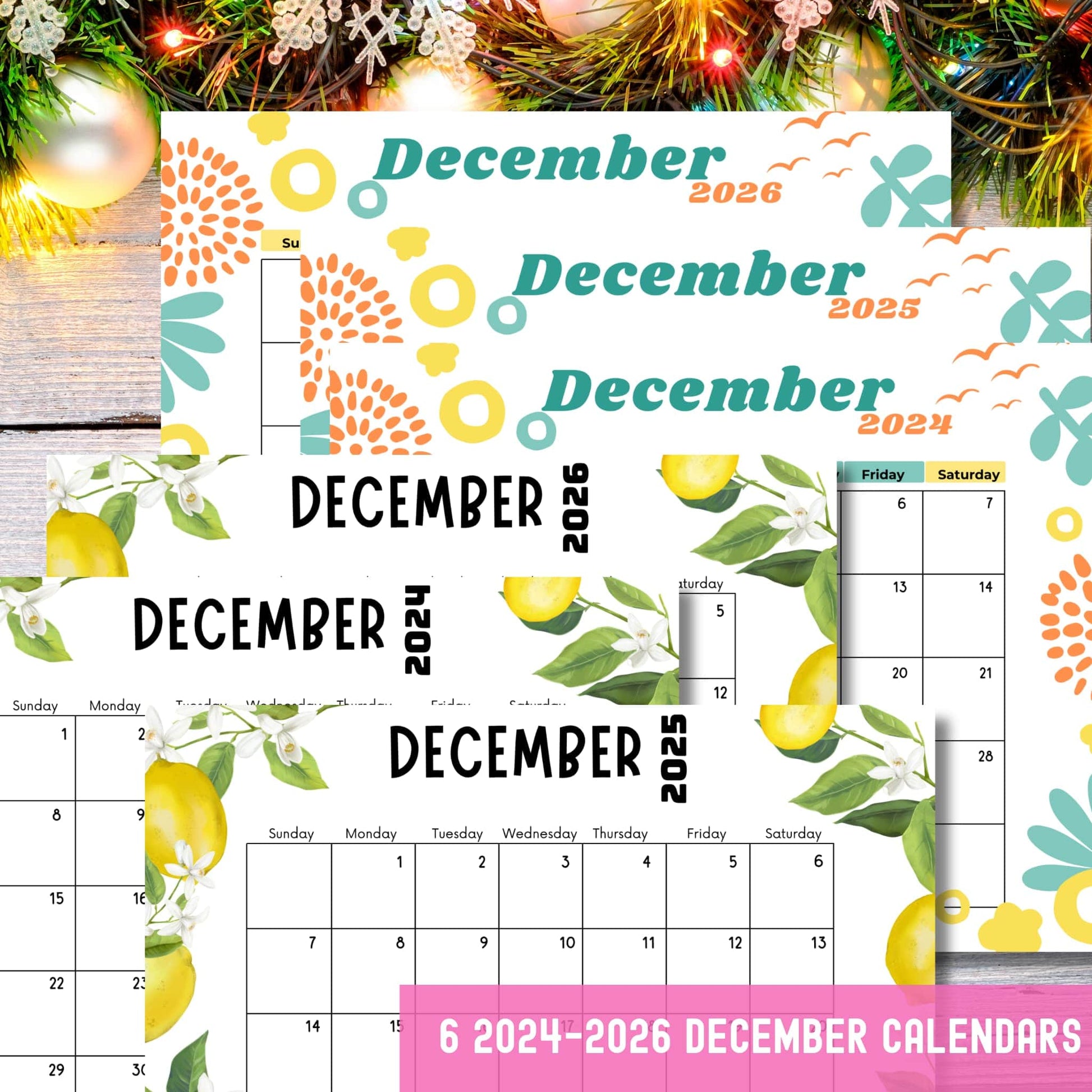 Bundle of December calendars with fresh lemon illustrations, green leaves and floral elements, modern design spanning 2024-2026