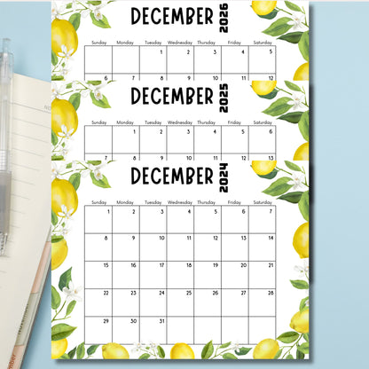 tacked December calendars for 2024, 2025, and 2026 with lemon theme. Monthly grids bordered by vibrant yellow lemons, white blossoms, and green leaves on light blue background.