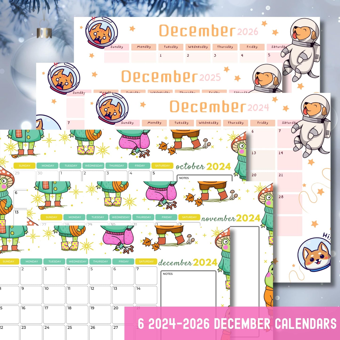 Three December calendar layouts featuring cute astronaut corgi illustrations, pastel color scheme, stars and space theme, covering 2024-2026