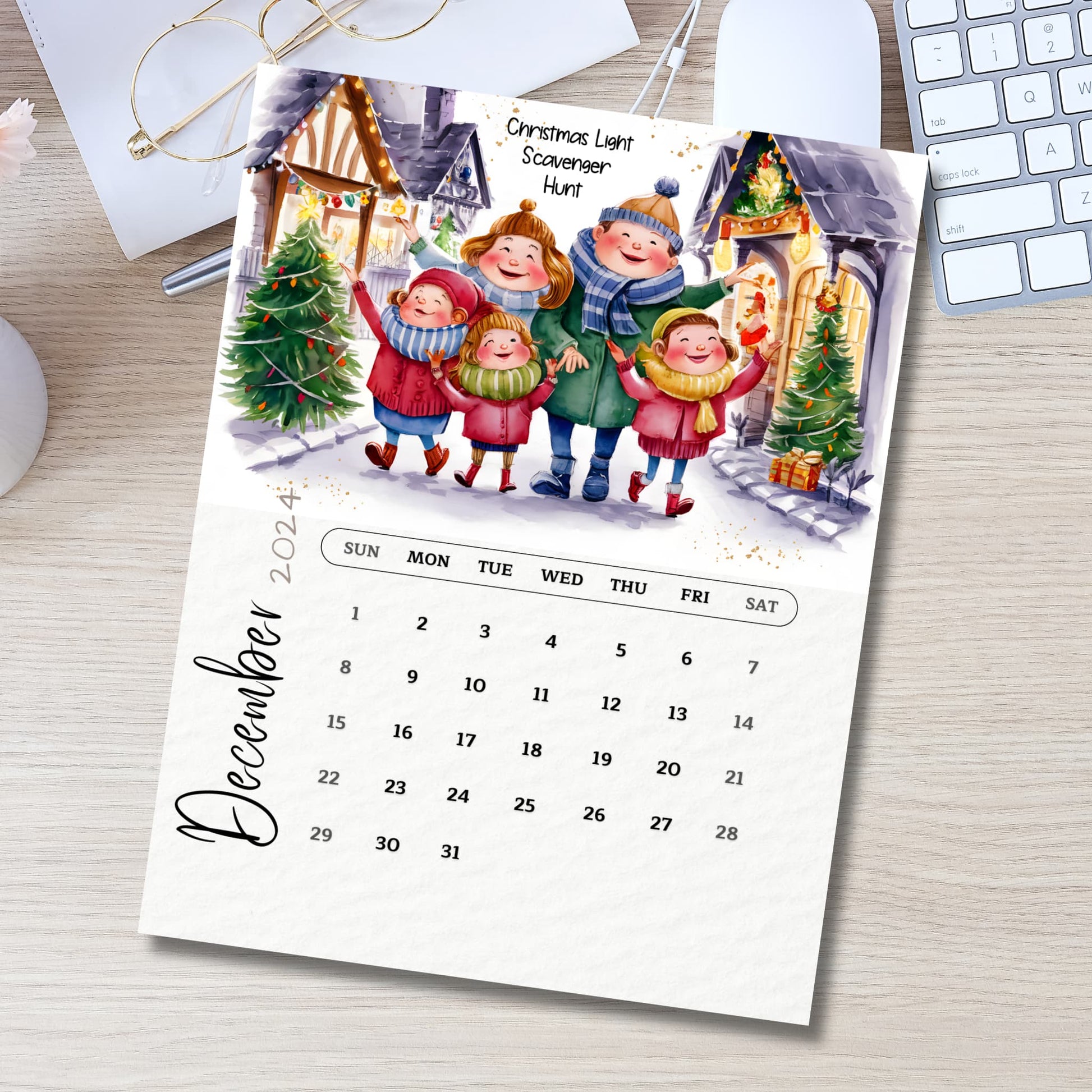 Printable December 2024 calendar in office setting, featuring joyful family Christmas lights hunt illustration, vertical layout with Sunday start dates