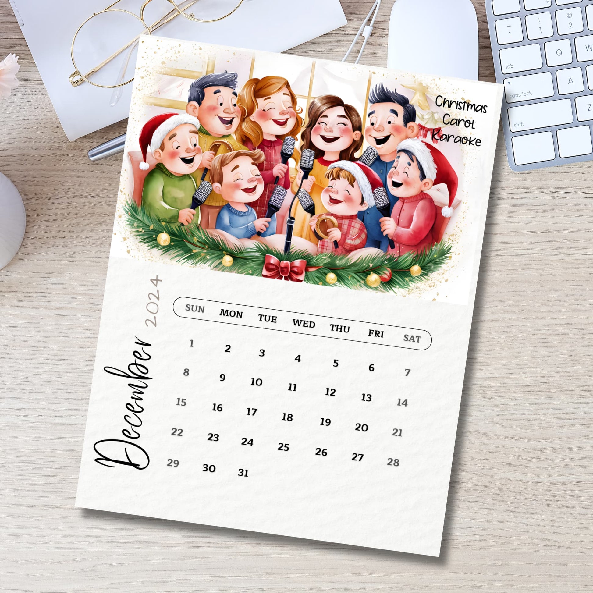 December 2024 printable calendar on wooden desk with keyboard, glasses, and office supplies, showing Christmas carol karaoke artwork