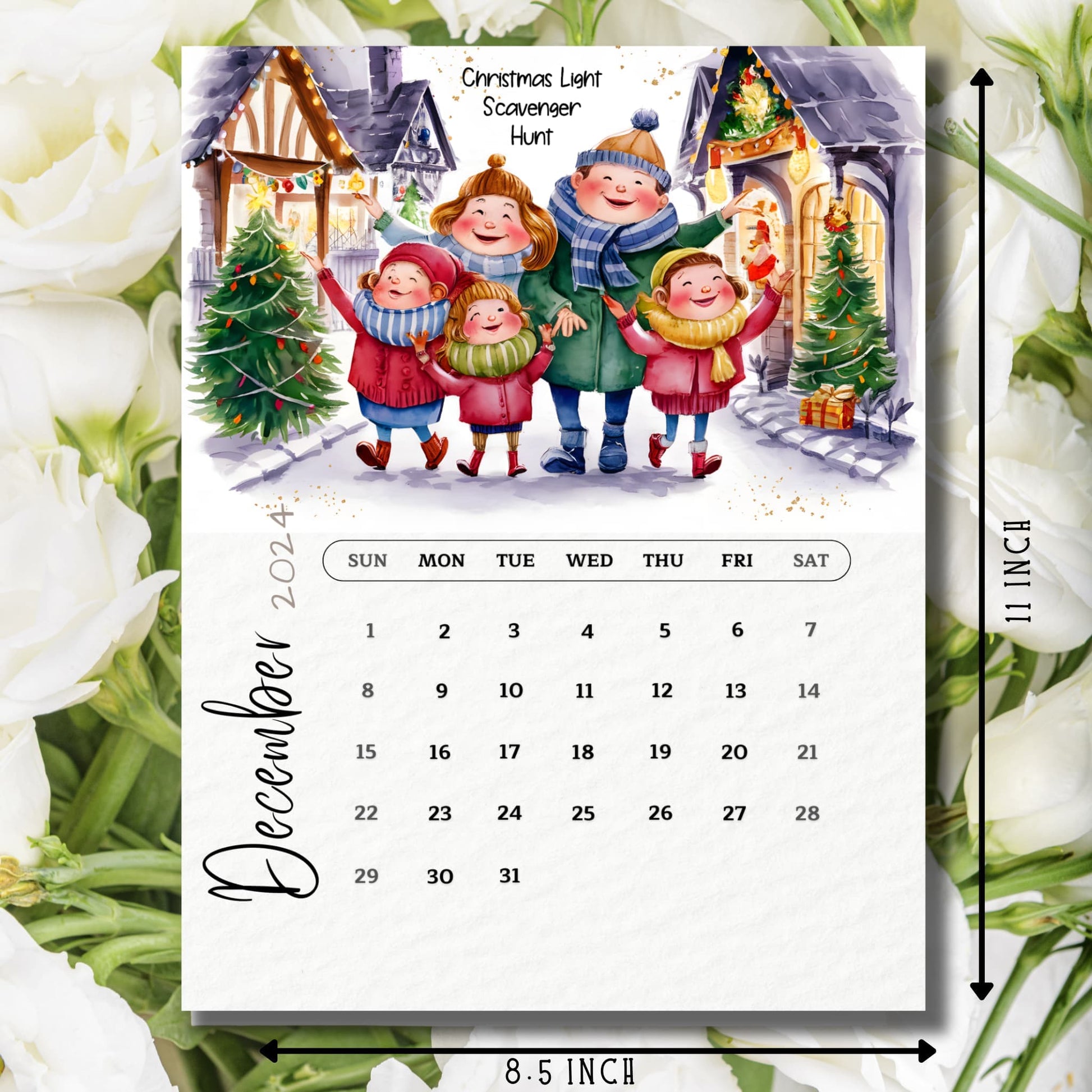 December 2024 calendar showing 8.5x11 inch measurements, featuring festive family Christmas lights hunt scene with decorated houses and trees, Sunday-first layout