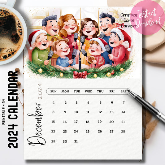 December 2024 printable calendar with instant download badge, coffee cup styling, featuring festive carolers and decorative evergreen border