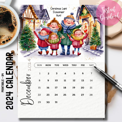 Digital download preview of December 2024 printable calendar with holiday light hunting family illustration, instant download badge, A4 size with coffee cup styling