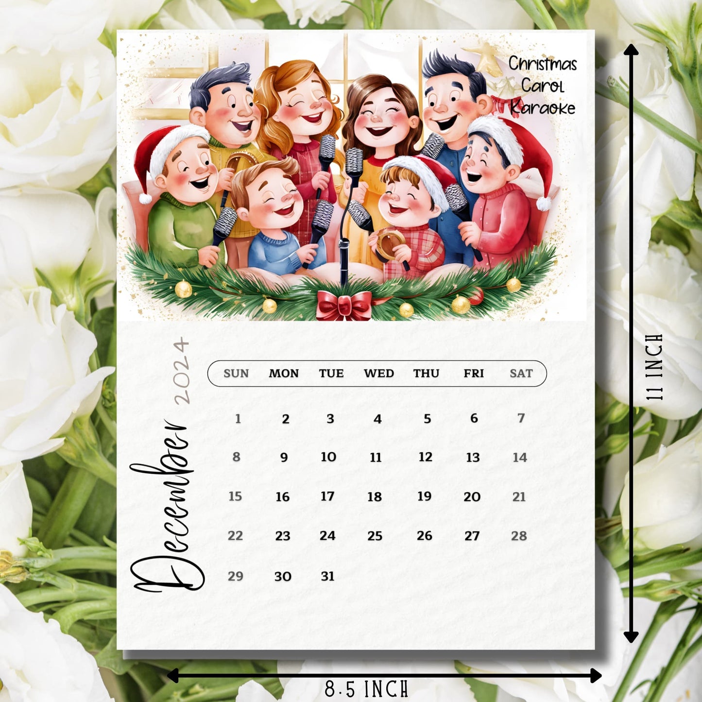 December 2024 Christmas calendar with measurement indicators showing 8.5x11 inch dimensions, displayed against white floral background