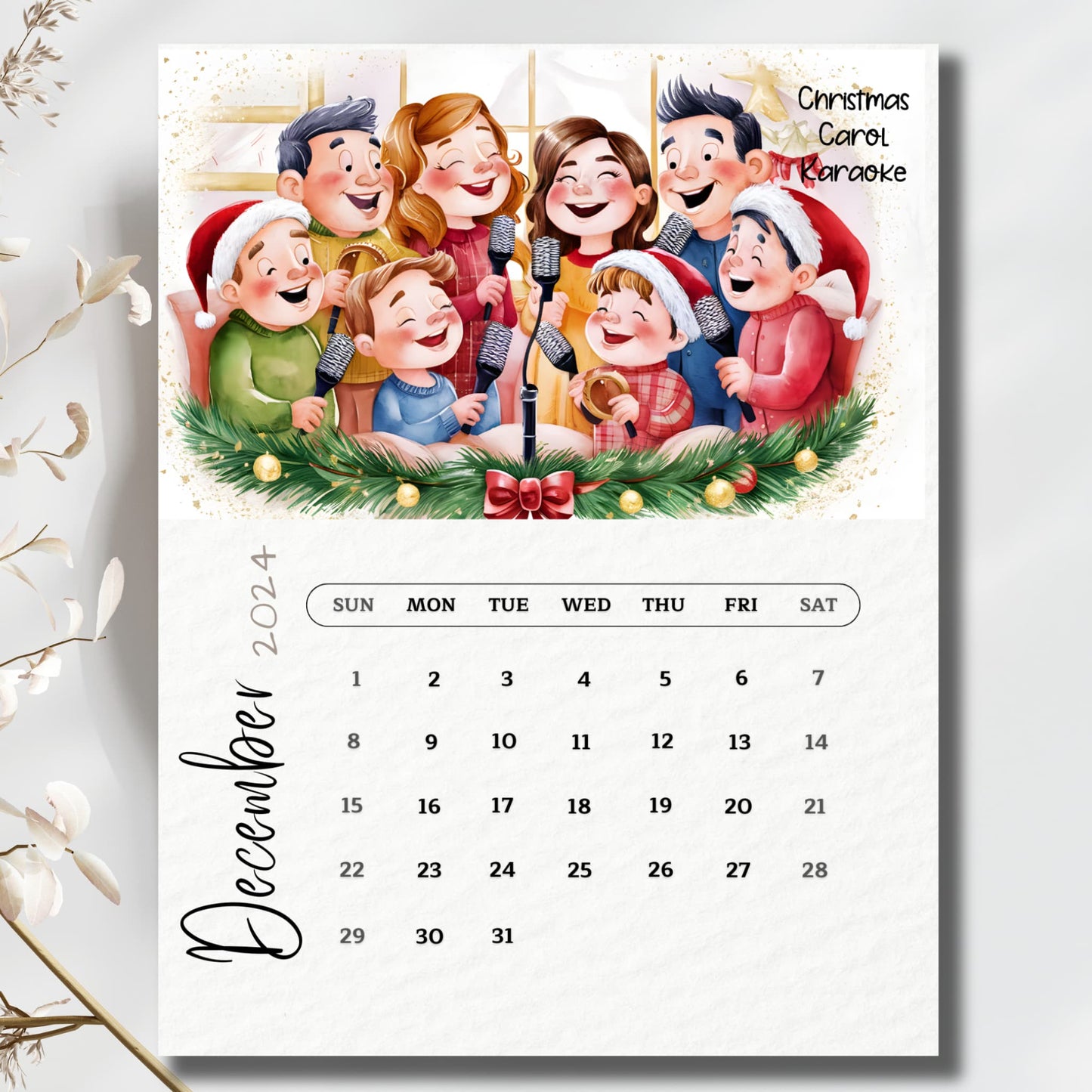 Clean minimalist presentation of December 2024 calendar with Christmas carolers illustration, white petals backdrop, vertical format.