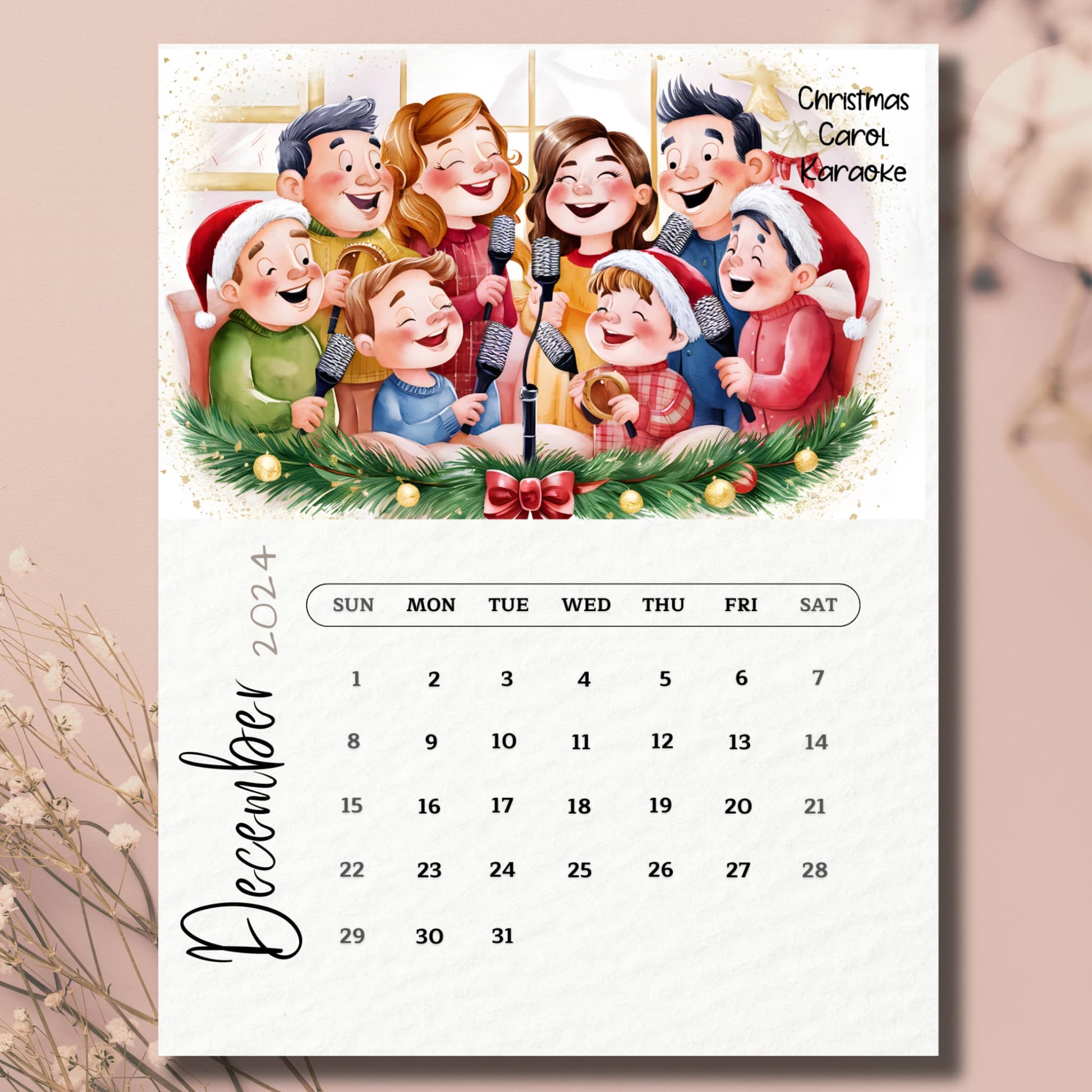 December 2024 calendar with Sunday start, featuring cheerful Christmas carolers illustration, evergreen garland with gold ornaments and red bow, clean white background, A4 size