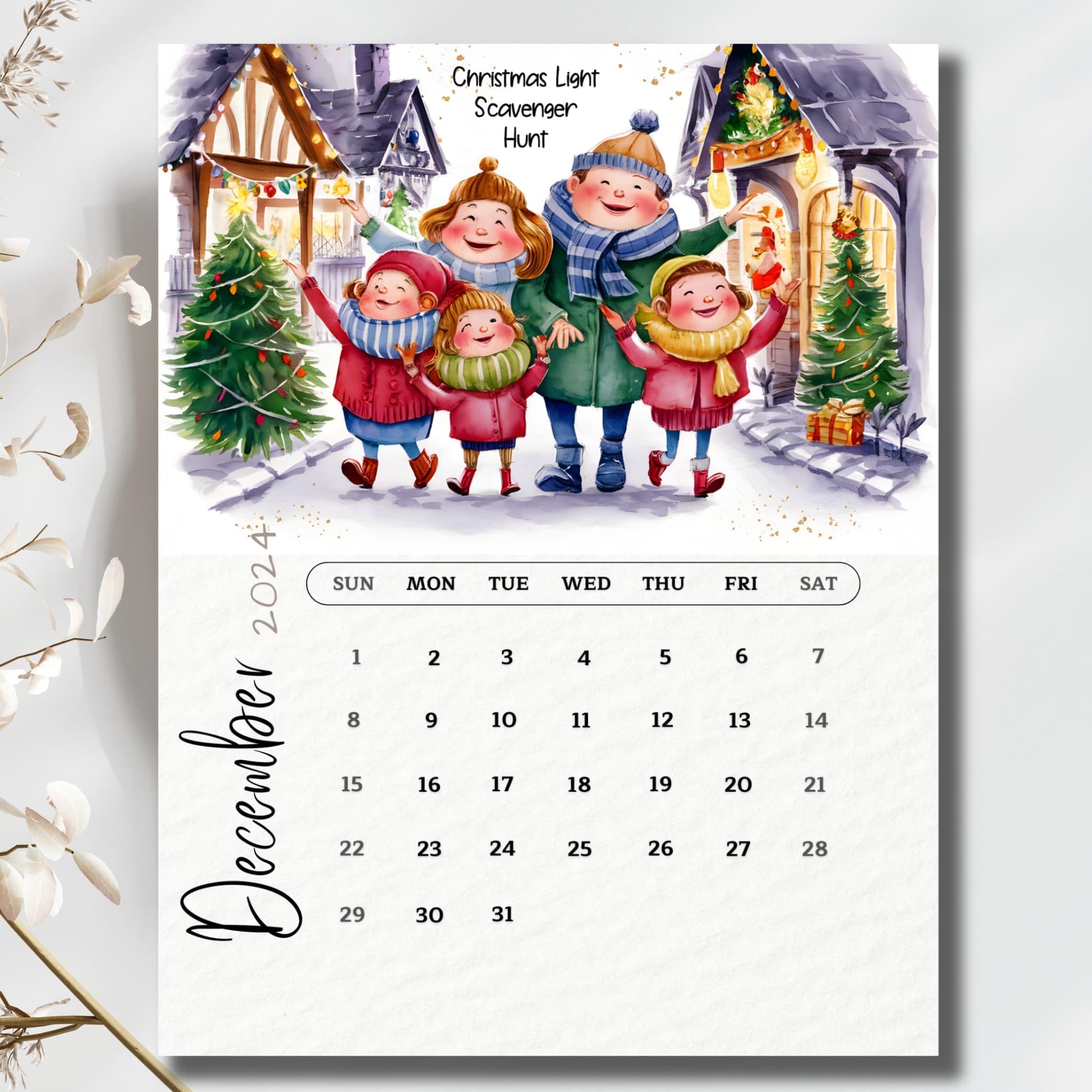 December 2024 A4 calendar with charming Christmas lights scavenger hunt scene, Sunday start grid layout, displayed with elegant white roses