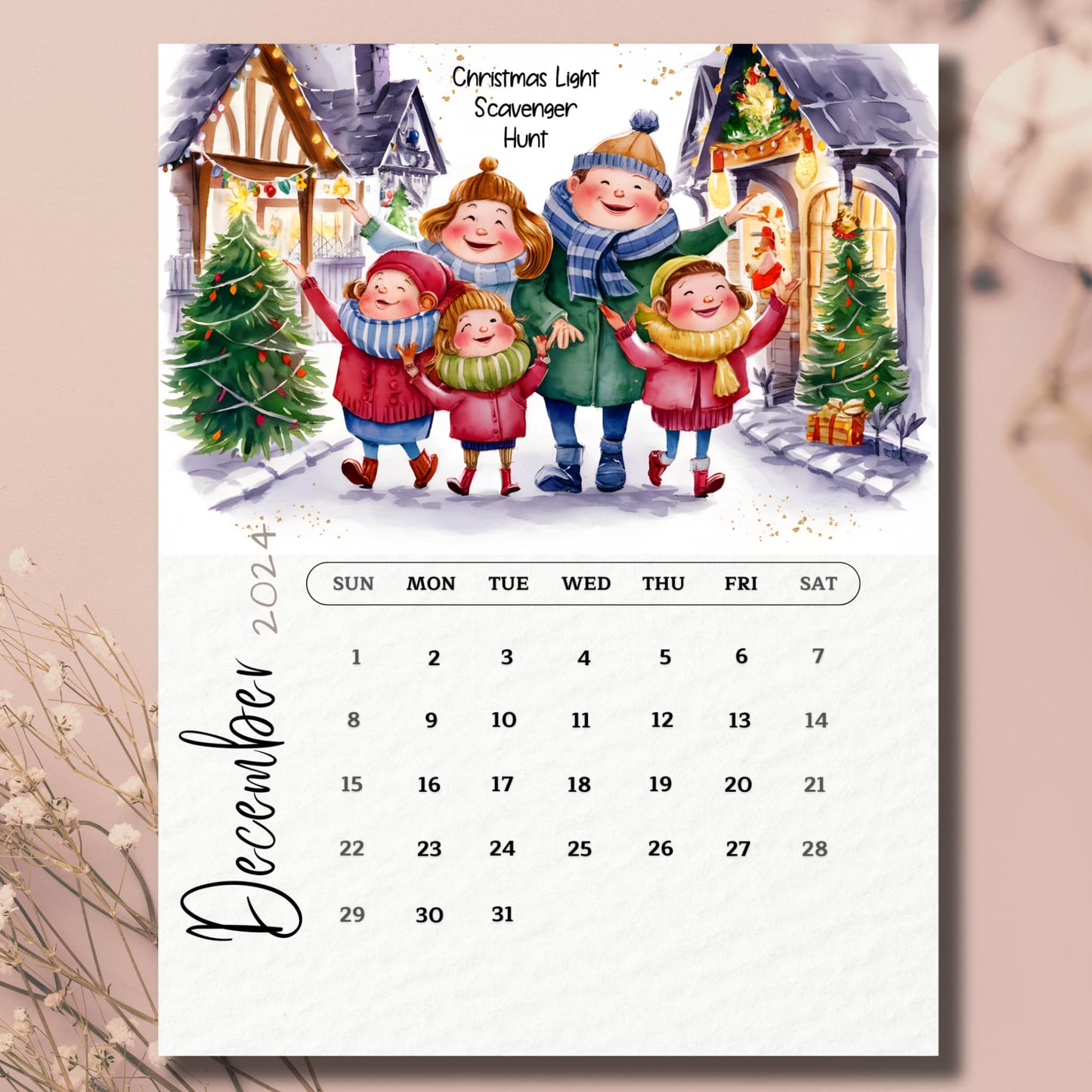 Free printable December 2024 calendar with watercolor illustration of family enjoying Christmas lights scavenger hunt, Sunday start format, vertical 11x8.5 inch layout