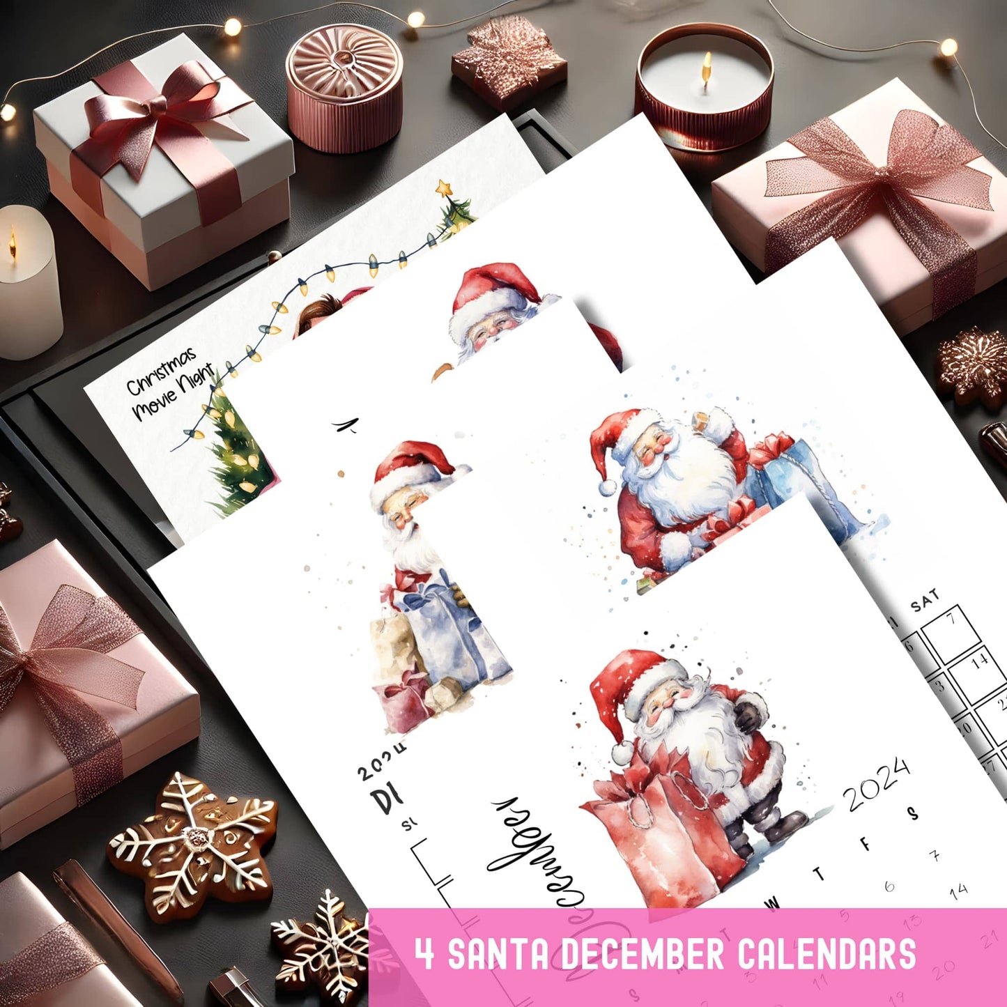 Four December calendar designs with whimsical watercolor Santa illustrations in various poses, displayed with holiday gifts and decorations