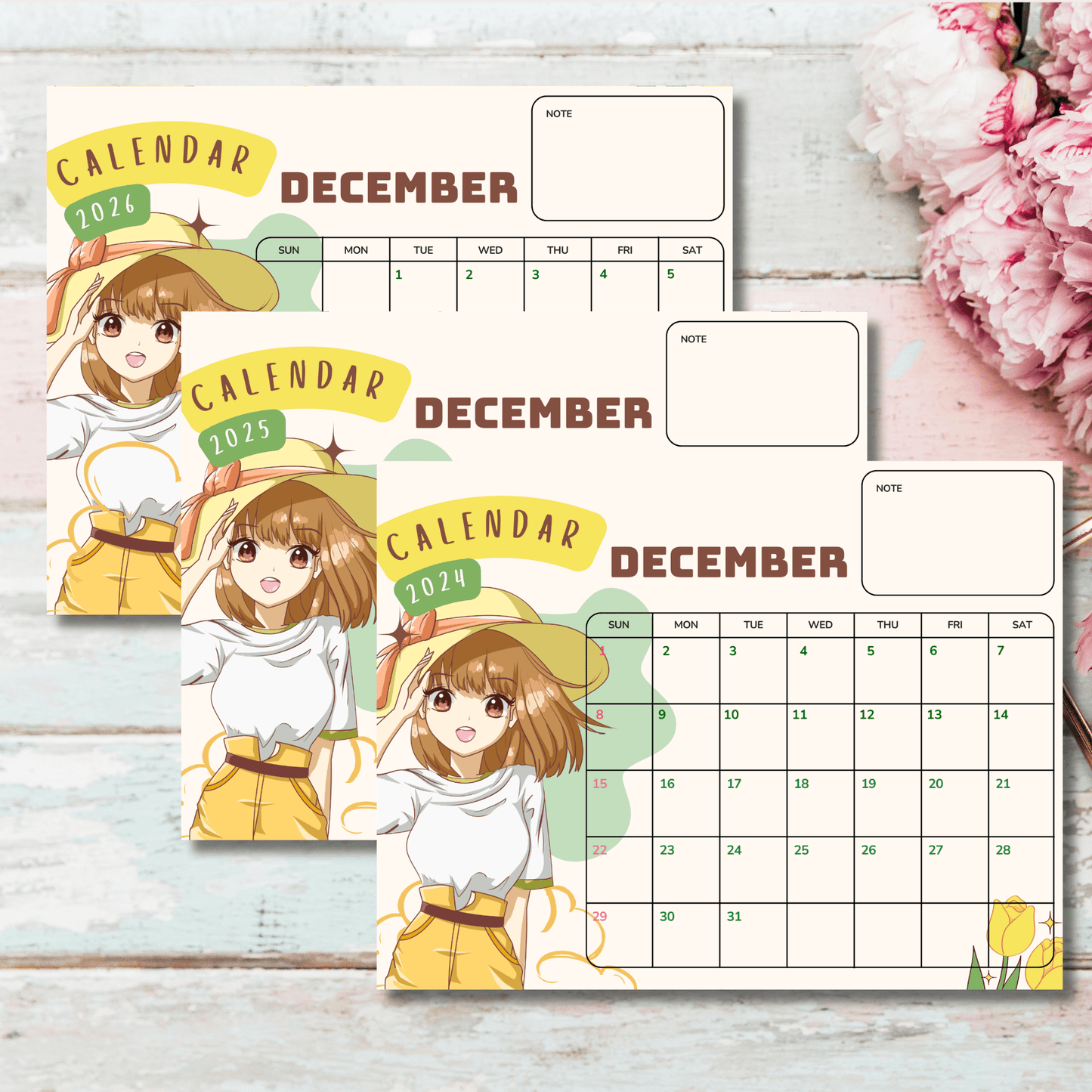 Three-year December calendar set for 2024-2026 featuring anime girl character in yellow hat and overalls, displayed with holiday decorations and note sections