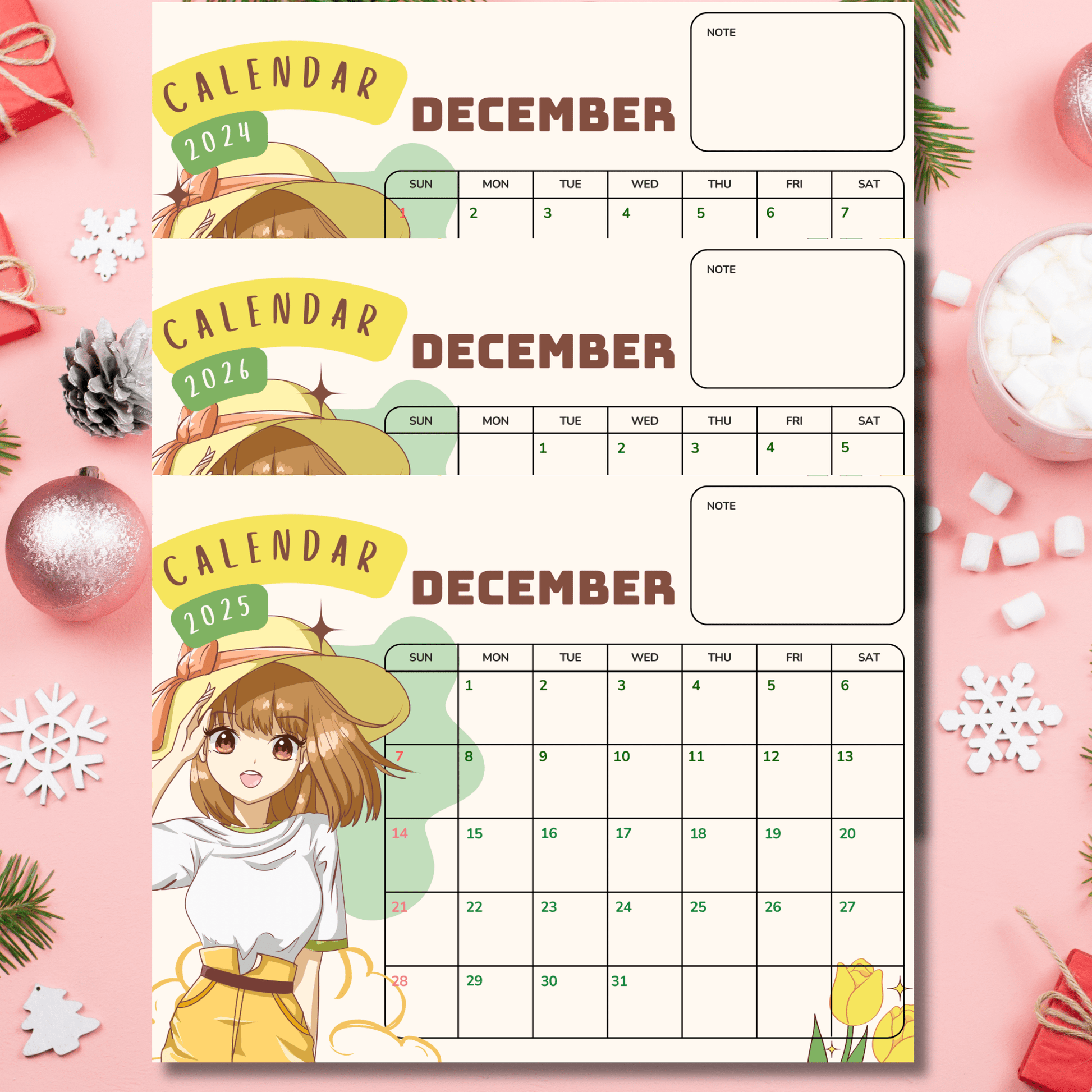 December calendars with anime illustration displayed against pink background with winter decorations, showing note sections and monthly grid layout