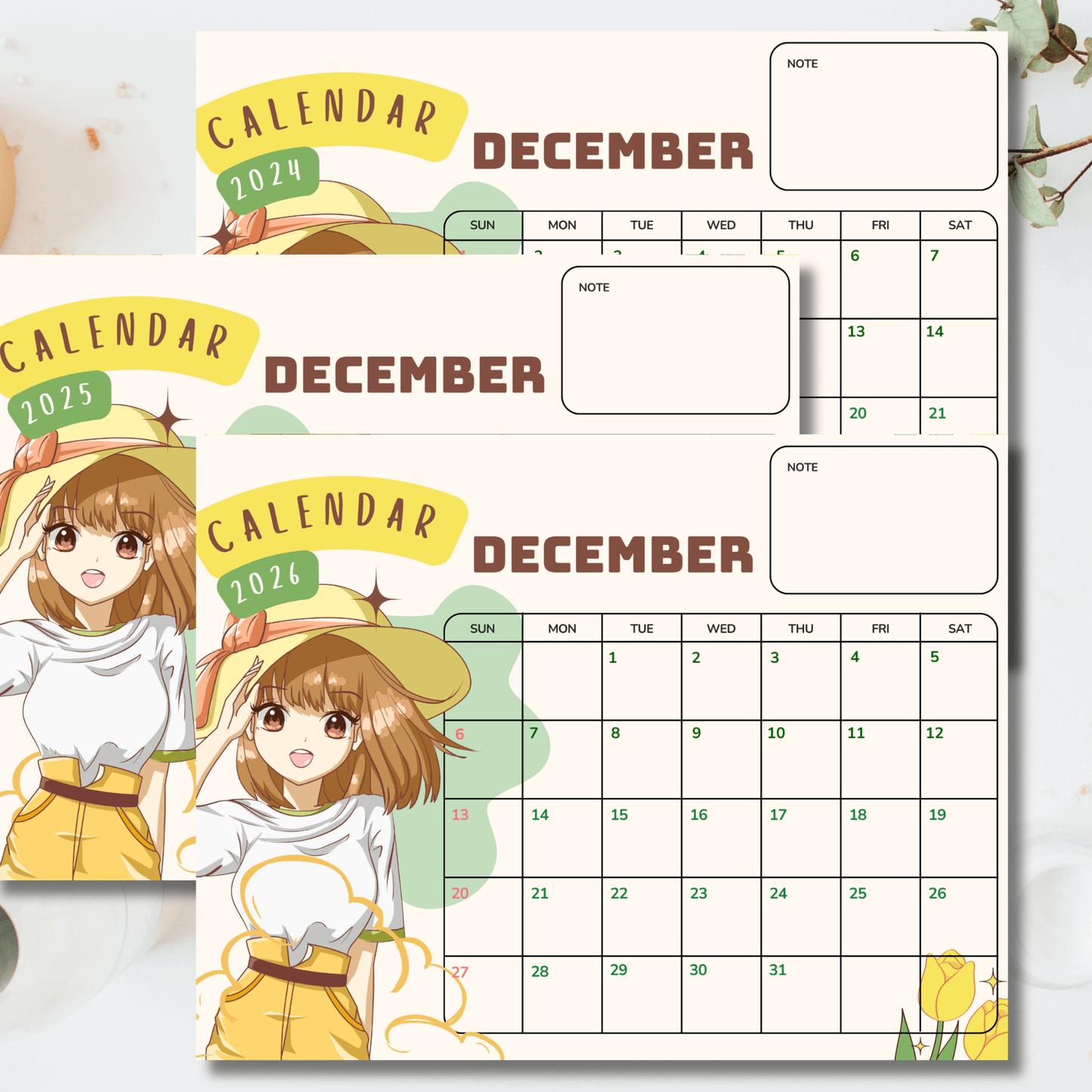 Stacked view of three December calendars featuring cute anime character design and yellow tulip accent, showing monthly layouts with note spaces