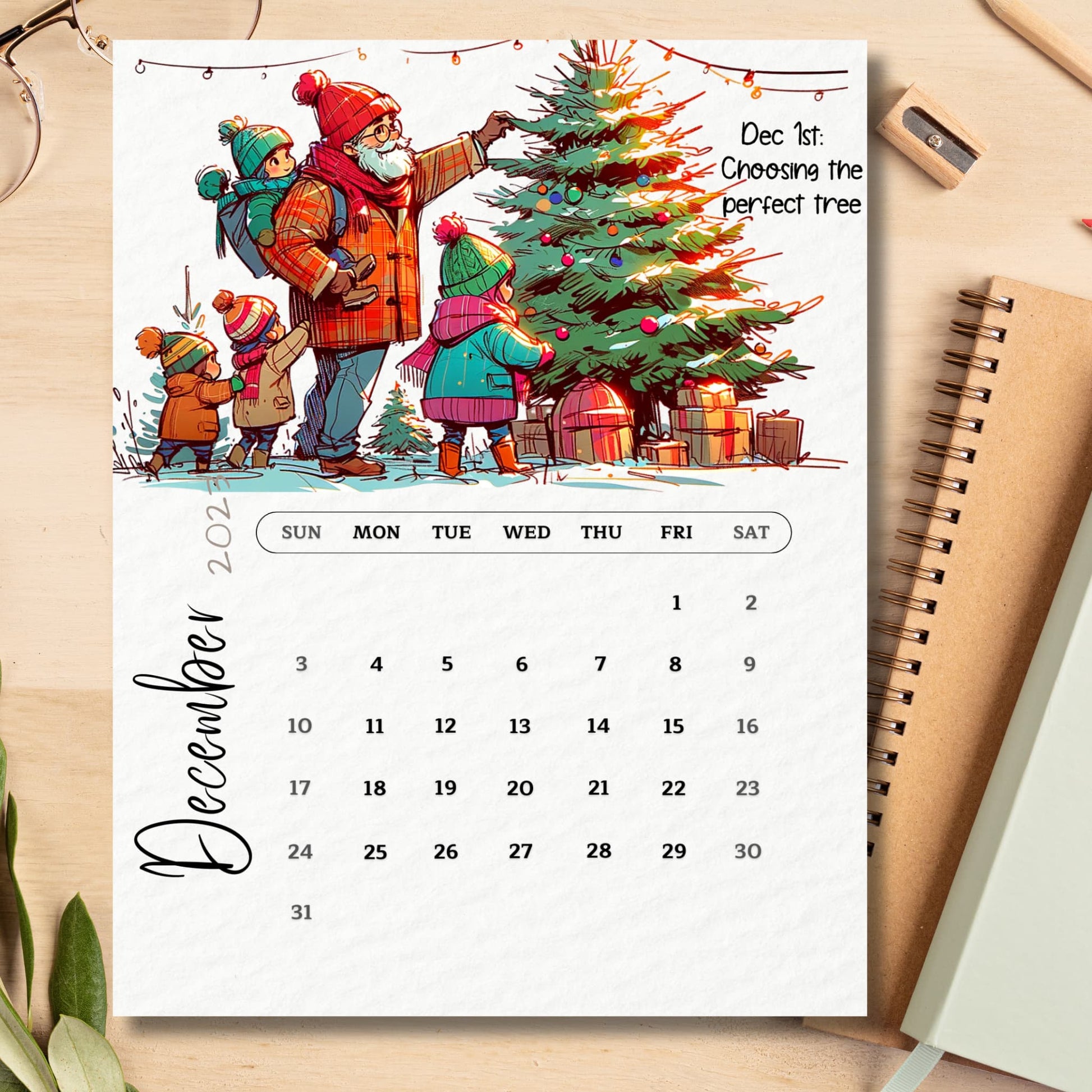 December 2023 A4 Calendar print from Sarsari Creations, paired with stylish notebooks, perfect for planning and organization."