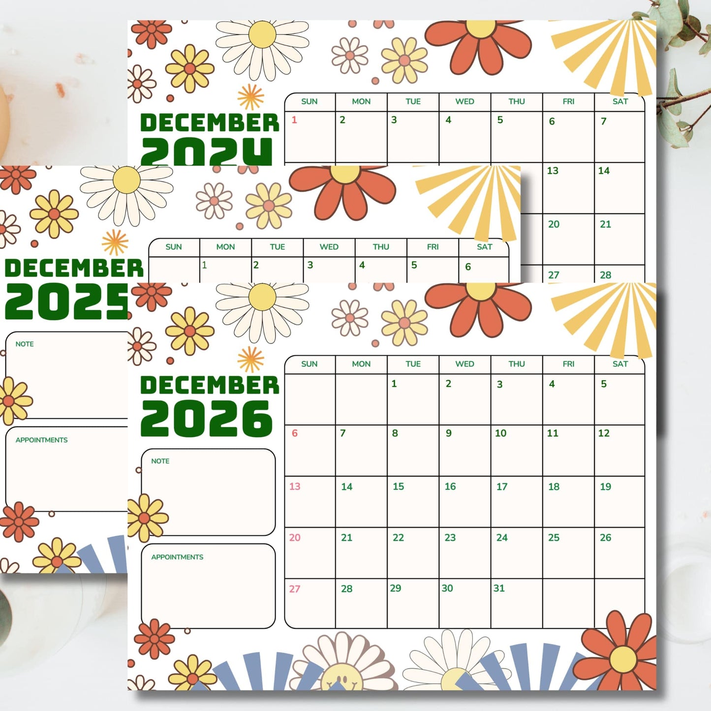 Close-up of December 2026 calendar page featuring green text, retro flower borders, and dedicated note and appointment sections