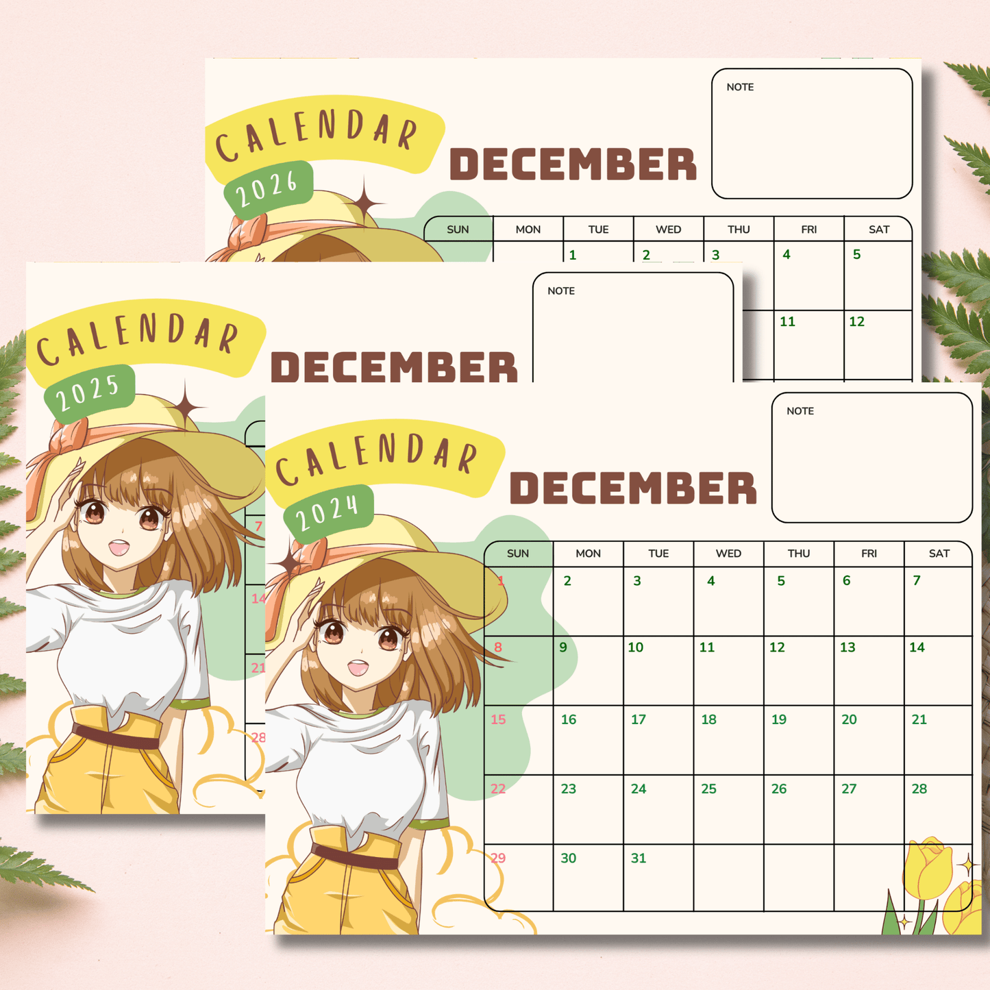 Close-up of December calendars showing cheerful anime girl illustration with yellow and green banner design, featuring dated grid and notes area