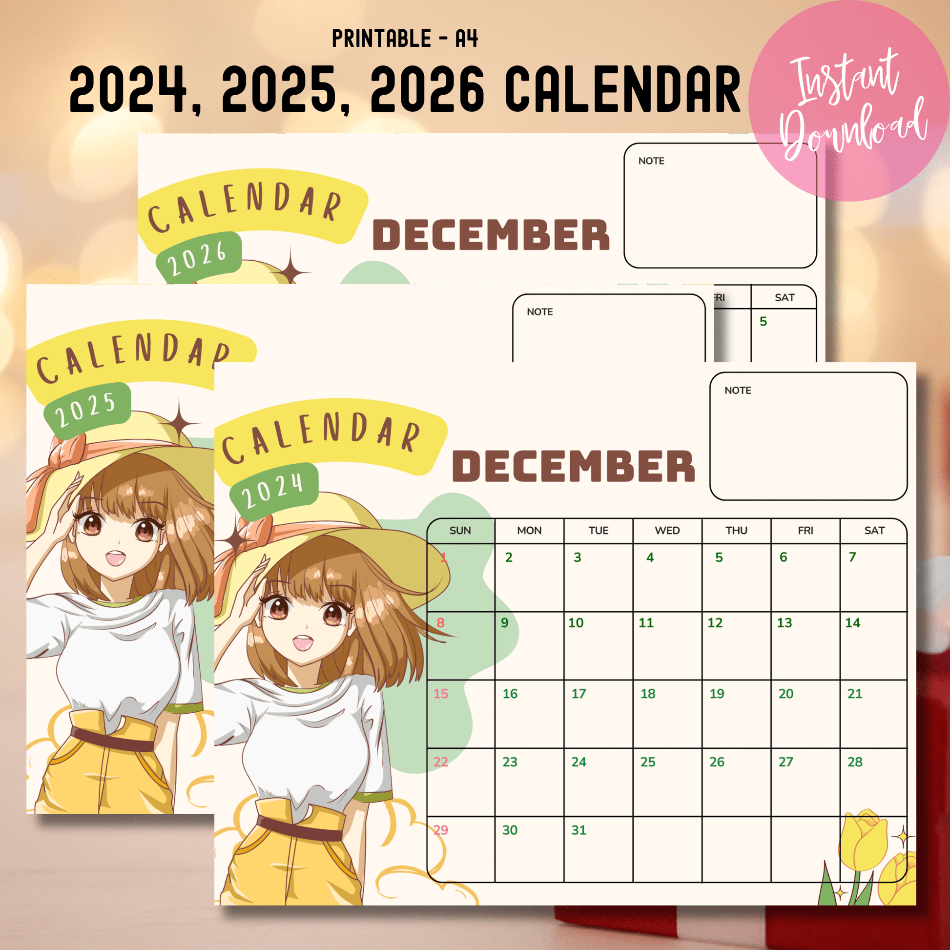 Product cover displaying December 2024-2026 calendars with instant download badge, featuring anime character in casual style and A4 size specification